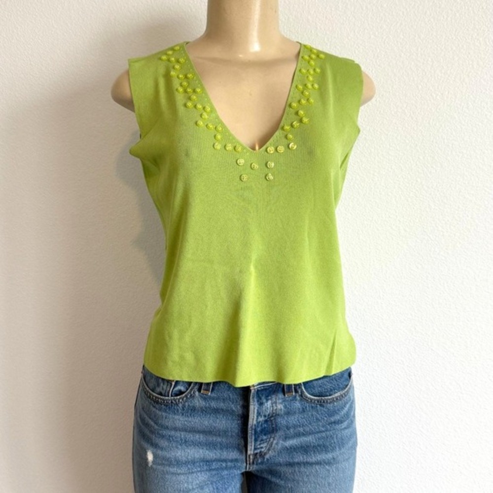 VTG Y2K Finity Lime Green Knit Tank Top Beaded Button V-Neck Sleeveless Shell L
